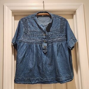 Vintage Solitaire Boho Denim Top Women Medium Smocked Yoke, Flowy Artsy Peasant